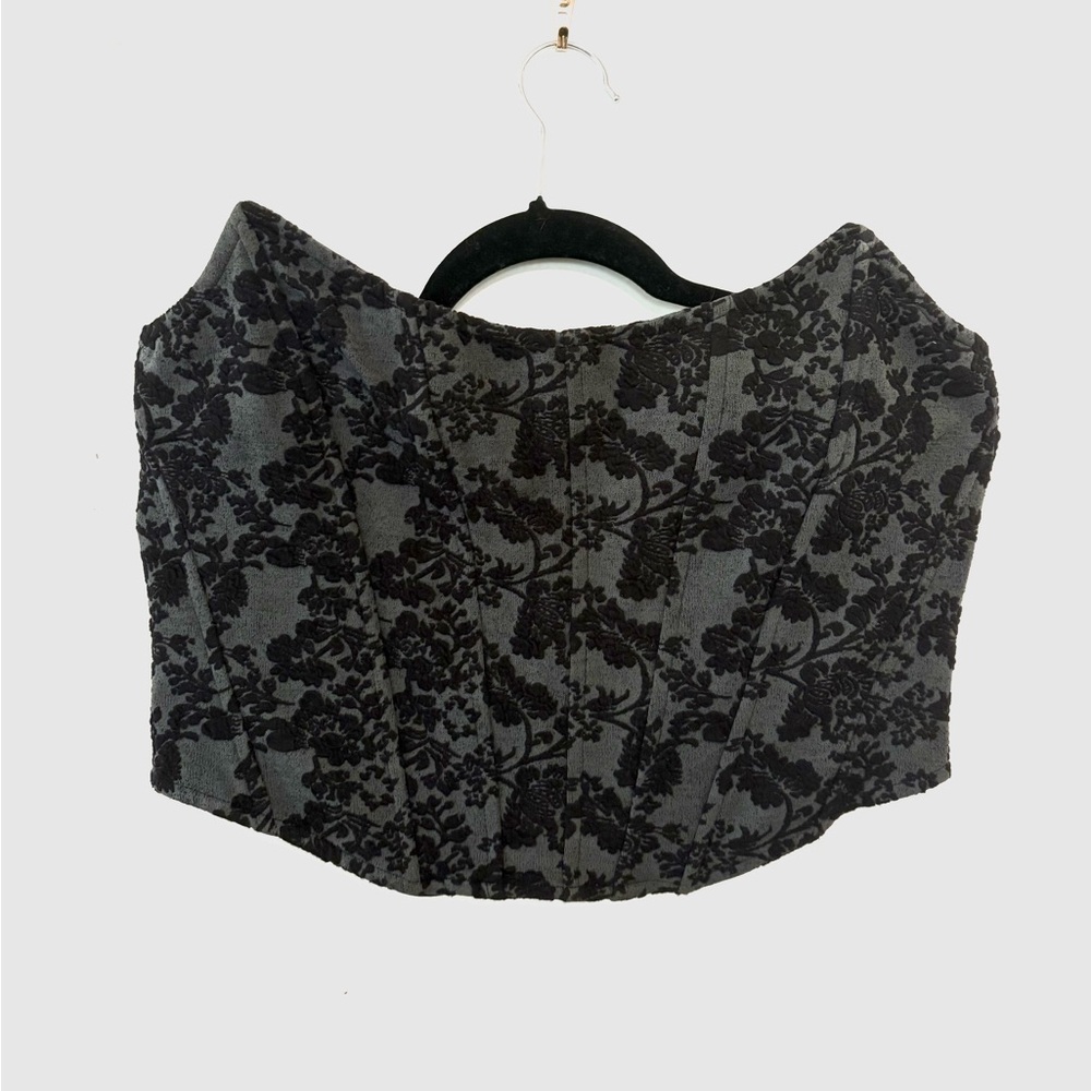 Anthropologie Gothic Black Velvet Floral Corset Top Bustier Strapless Structure